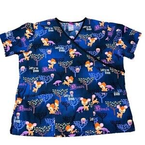Disney Bambi Lost in the Woods Scrub Top Medium Tie Back Pockets Blue